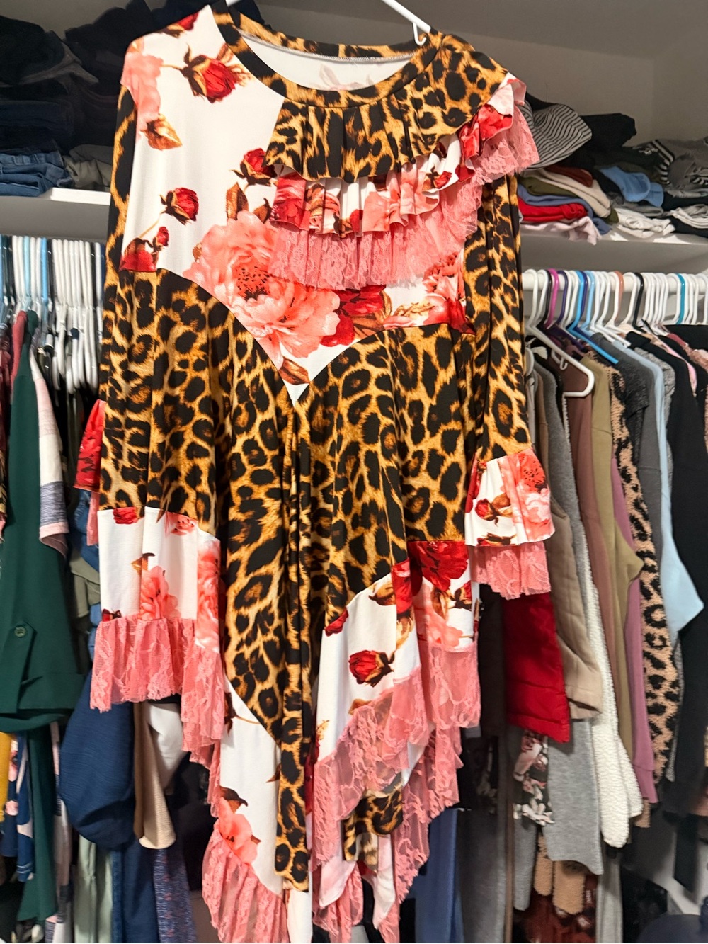 Women's Leopard & Pink Floral Ruffle Tunic